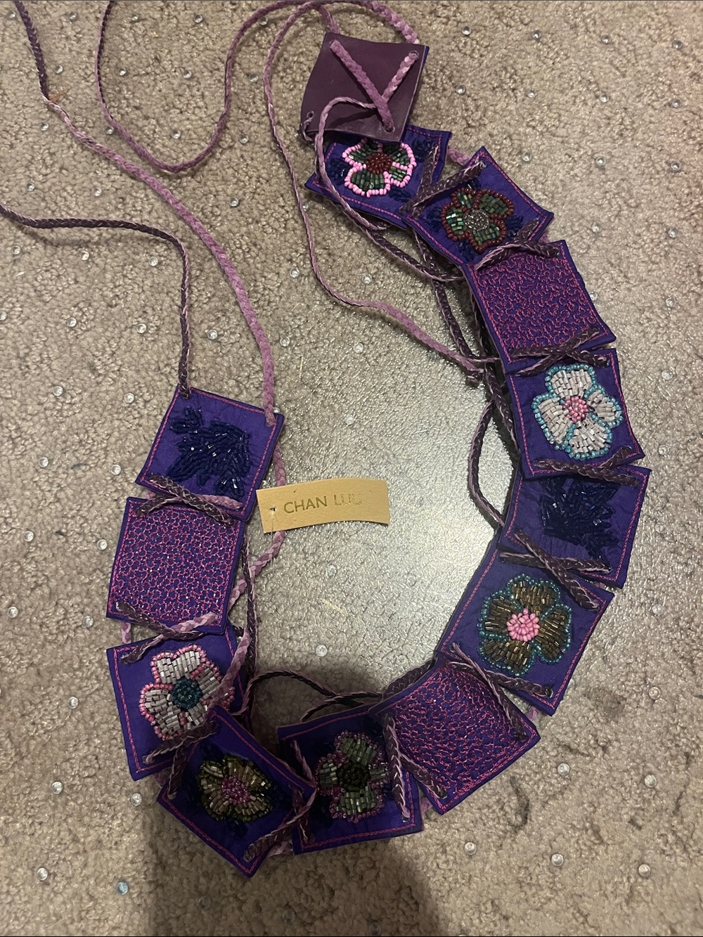 Authentic Chan Luu Boho Purple Patchwork Beaded Tie Belt NWT Dana Flora